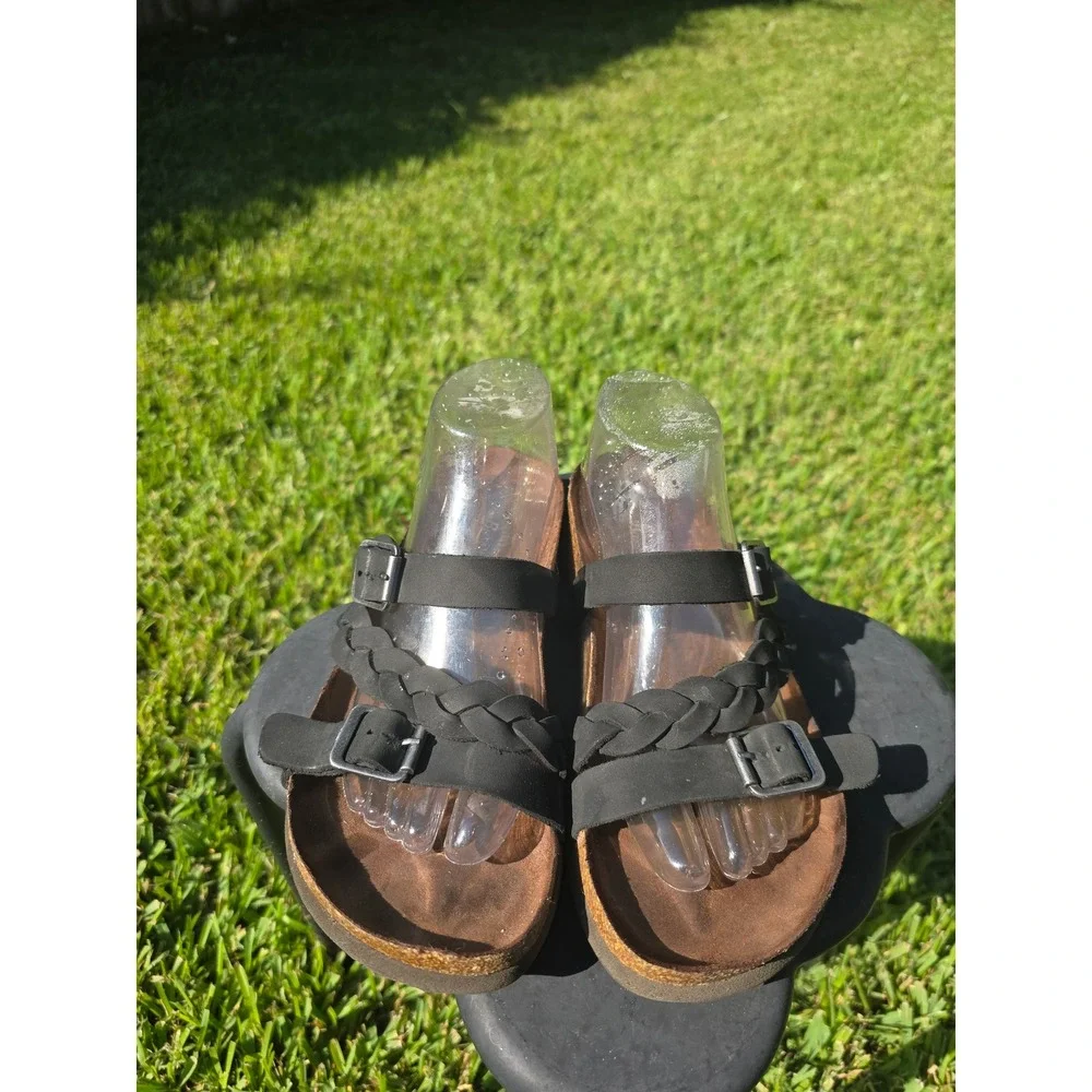 GH Bass & Co Mens Black Braided Double Strap Cork Footbed Slide Sandals